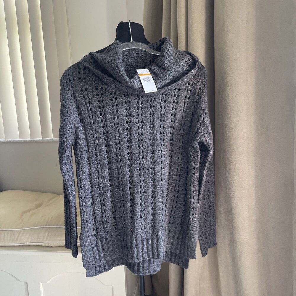 NWT NINE WEST gray loose Pointelle knit cowl neck Long Soft sweater S